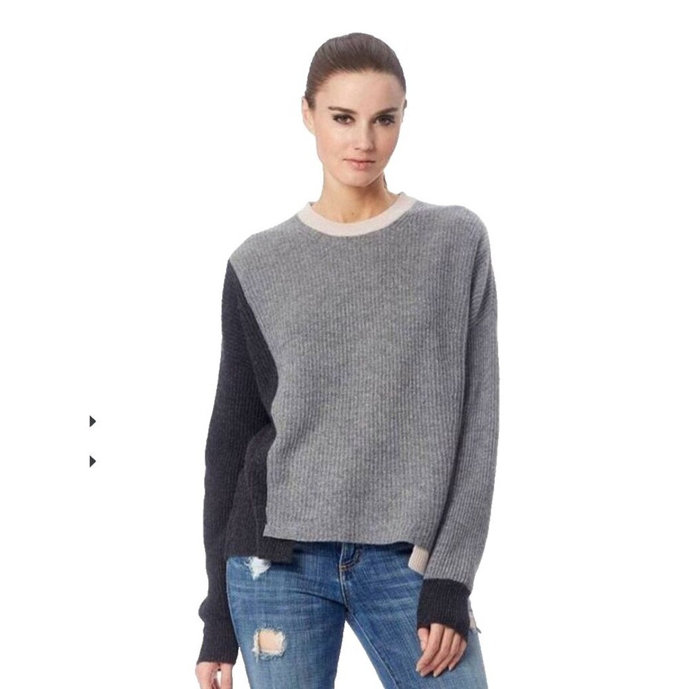 360 Cashmere Colorblock Ribbed Knit Sweater Grey Charcoal Pink Crew Neck M Cozy